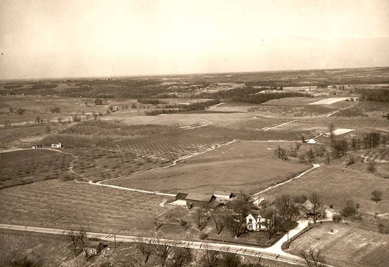 Historic aerial image of the Flamm Orchard and old farm house located in Cobden, IL.